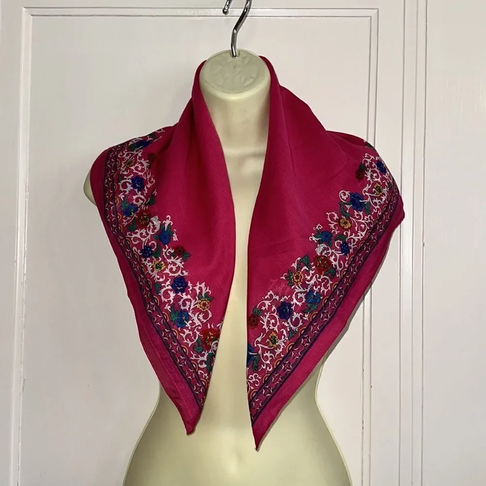 Vintage 1987 Ginnie Johansen bright pink cotton square scarf/ paisley border‎